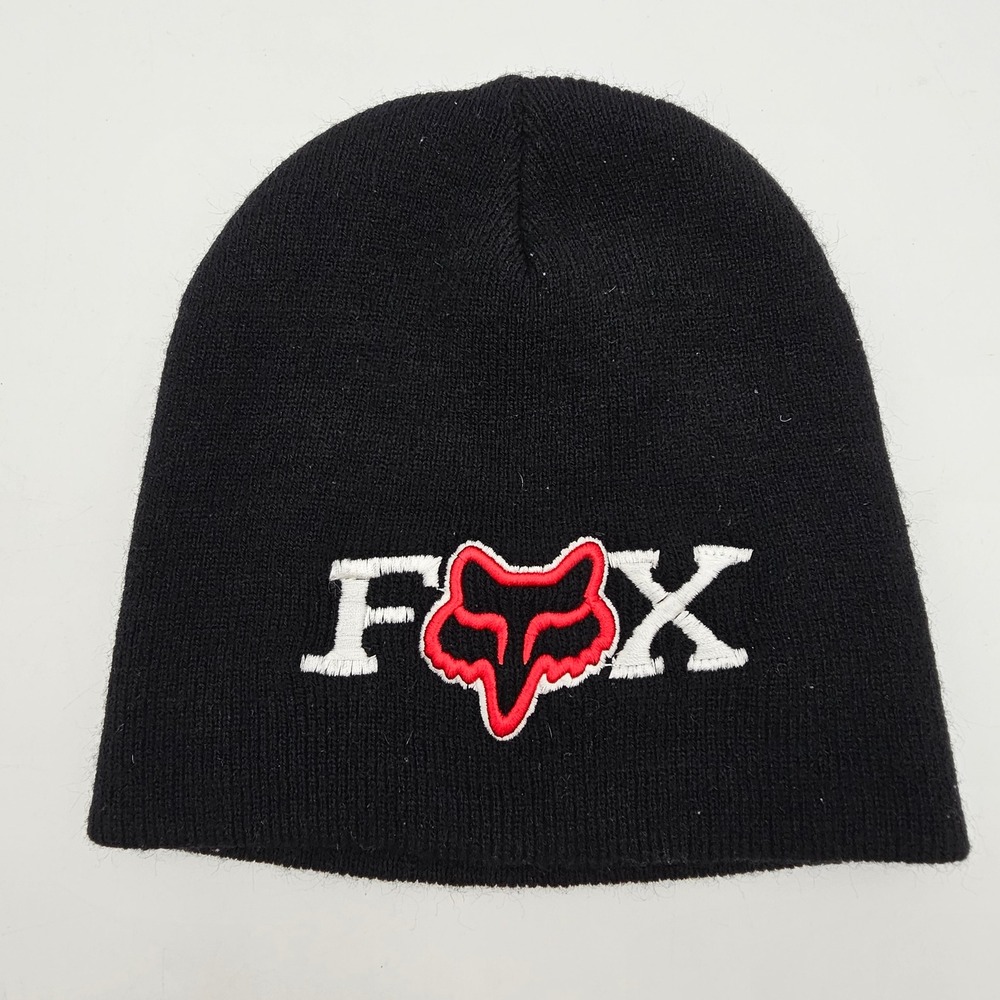 Fox Racing Beanie Hat Black Knit Embroidered Logo Motocross Skull Cap